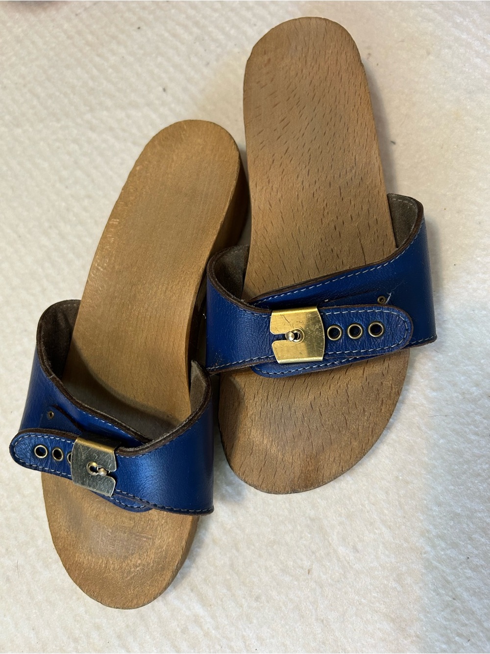 Dr. Scholl's Blue Leather Buckle Clogs